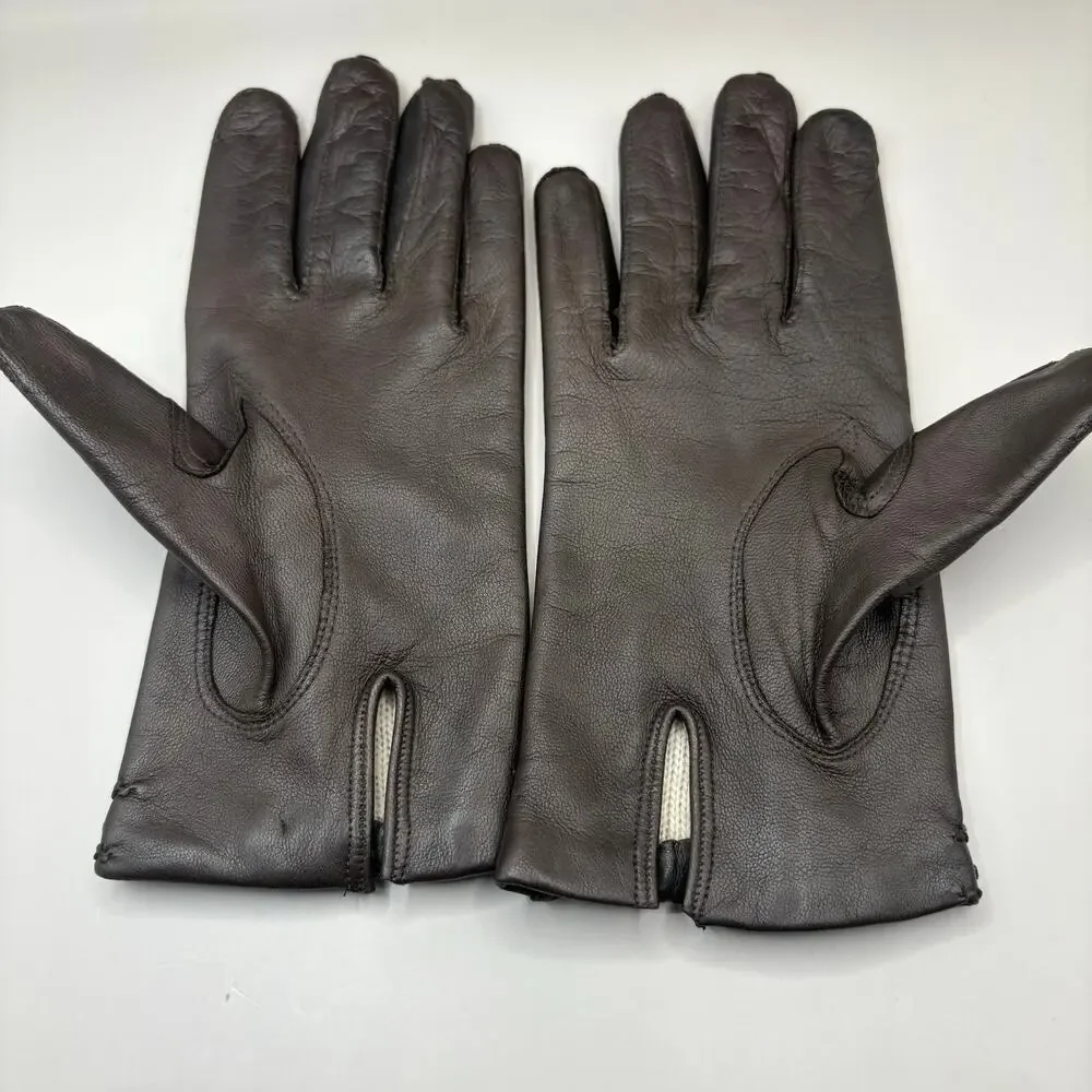 VTG Leather‎ Gloves Sz 7 Brown Knit Fabric Lined Unbranded Braided Embellished